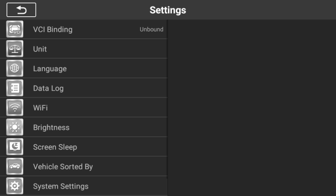 Einstellungen → VCI Binding: noch kein VCI gekoppelt