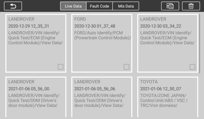 Wiedergabe: Live-Daten, Fehlercodes und Messdaten mit PDF-Ausgabe