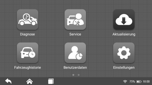 Hauptmenü: Diagnose, Service, Aktualisierung, Fahrzeughistorie, Benutzerdaten, Einstellungen – unten die Navigationsleiste