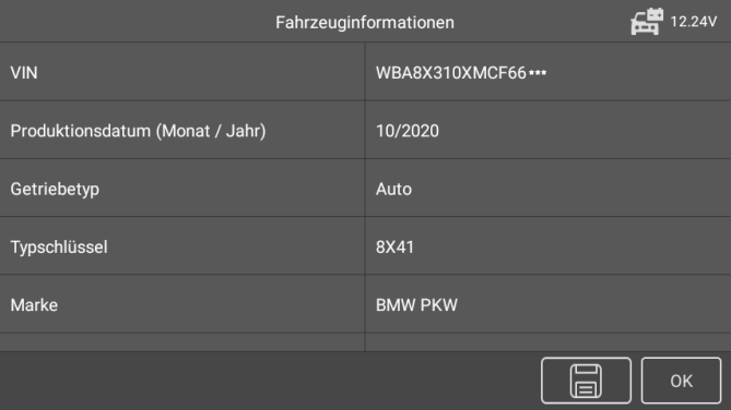 Erkannte Fahrzeugdaten – mit OK in die Diagnose