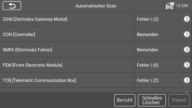 Automatischer Scan: Module mit Fehlerstatus, Bericht / Schnelles Löschen / Pause