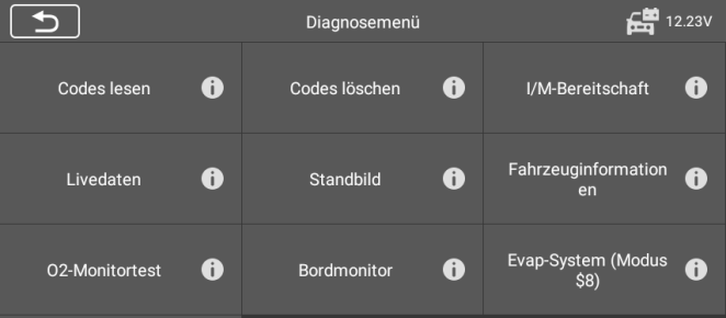 OBDII/EOBD-Diagnosemenü mit Spannungsanzeige oben rechts